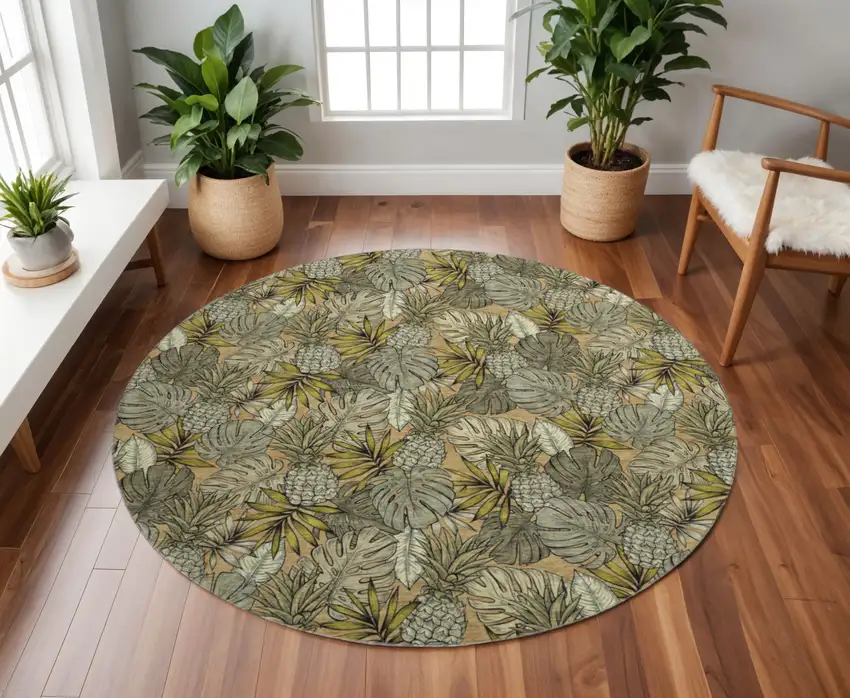 8' Khaki Gray And Yellow Geometric Washable Round Rug With UV Protection Photo 1