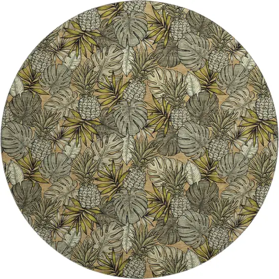 8' Khaki Gray And Yellow Geometric Washable Round Rug With UV Protection Photo 2