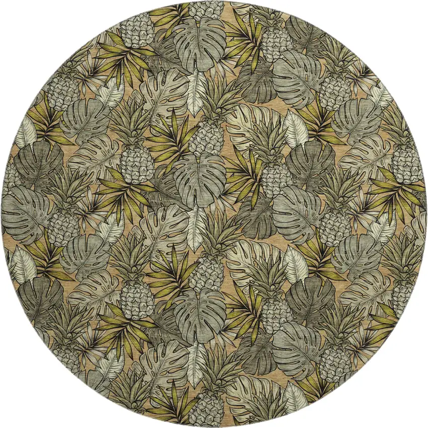 8' Khaki Gray And Yellow Geometric Washable Round Rug With UV Protection Photo 2
