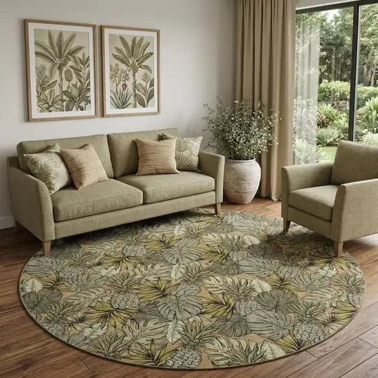 8' Khaki Gray And Yellow Tropical Botanical Distressed Washable Round Rug With UV Protection Photo 1