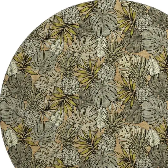 8' Khaki Gray And Yellow Geometric Washable Round Rug With UV Protection Photo 4