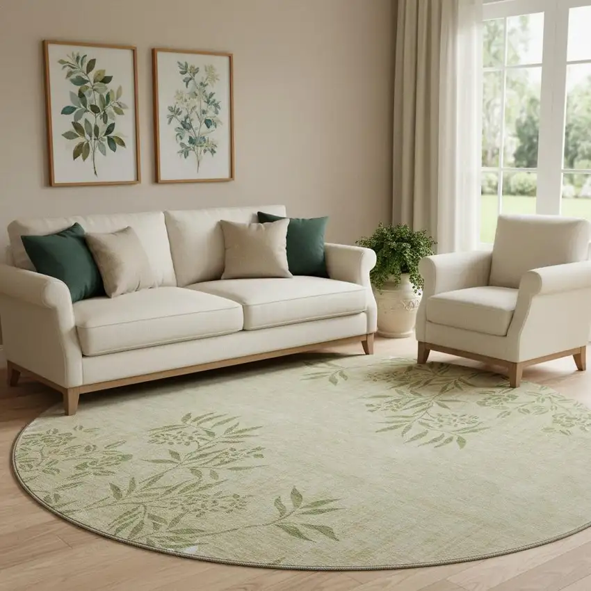 8' Khaki Green And Ivory Floral Washable Round Rug With UV Protection Photo 1