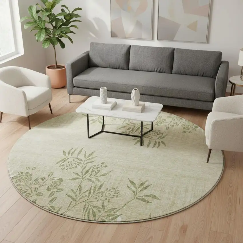 8' Khaki Green And Ivory Floral Washable Round Rug With UV Protection Photo 2