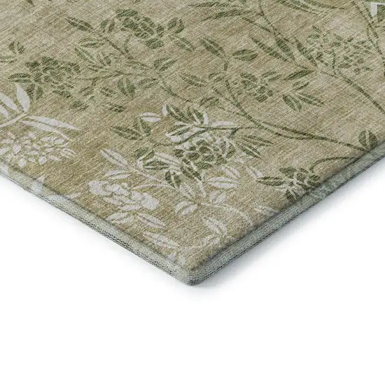 8' Khaki Green And Ivory Floral Washable Round Rug With UV Protection Photo 8