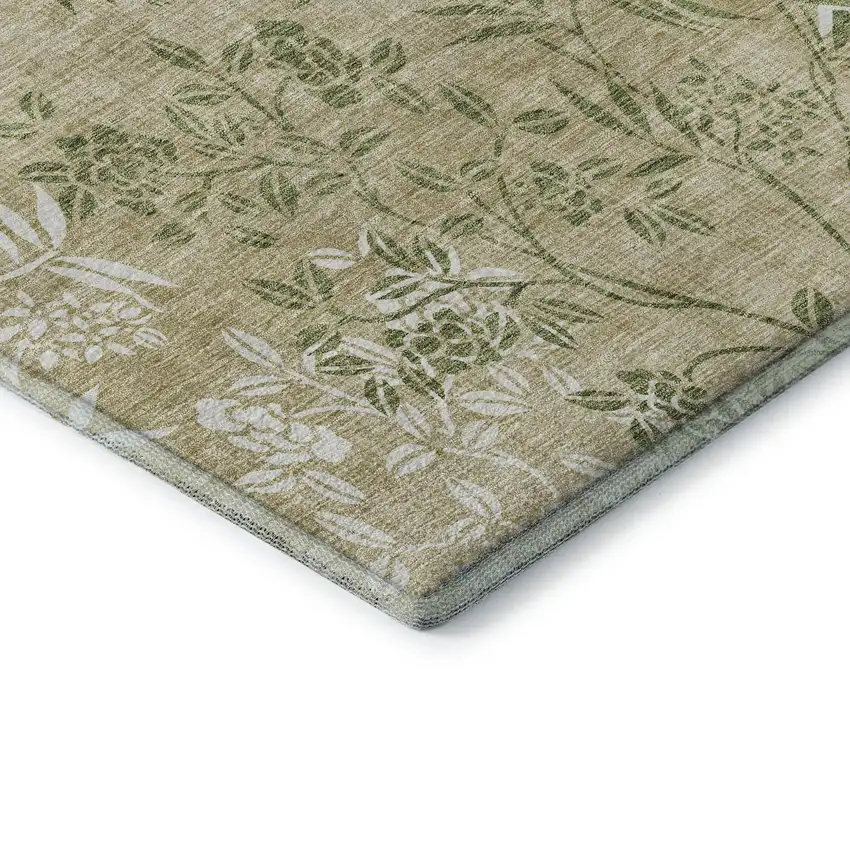 8' Khaki Green And Ivory Floral Washable Round Rug With UV Protection Photo 8