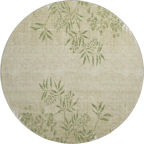 8' Khaki Green And Ivory Floral Washable Round Rug With UV Protection Photo 1