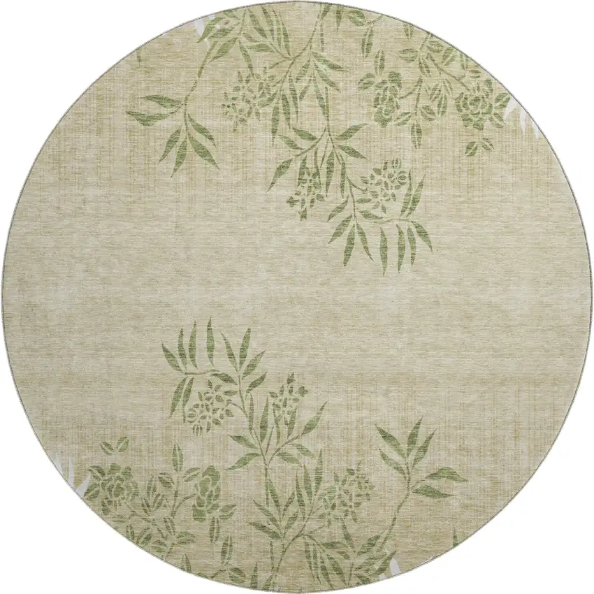 8' Khaki Green And Ivory Floral Washable Round Rug With UV Protection Photo 1