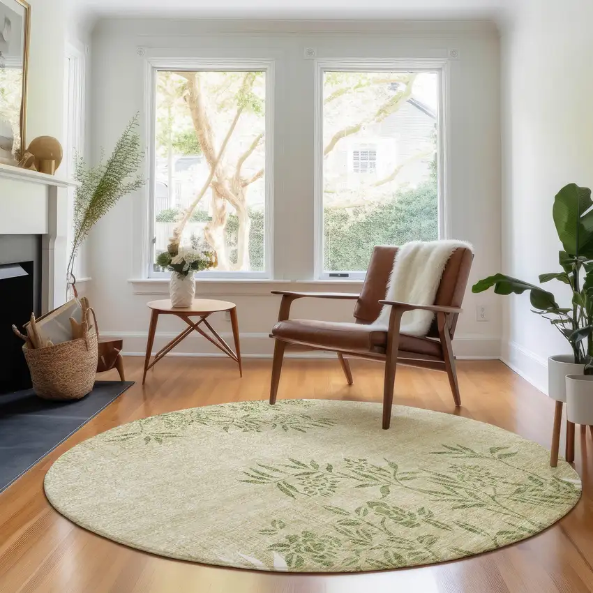 8' Khaki Green And Ivory Floral Washable Round Rug With UV Protection Photo 5