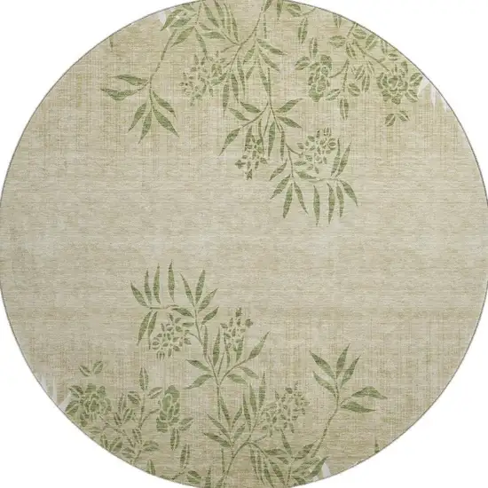 8' Khaki Green And Ivory Floral Washable Round Rug With UV Protection Photo 3