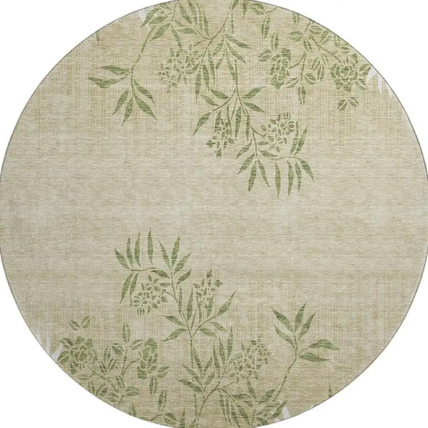 8' Khaki Green And Ivory Floral Washable Round Rug With UV Protection Photo 3