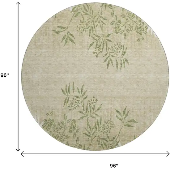 8' Khaki Green And Ivory Floral Washable Round Rug With UV Protection Photo 6