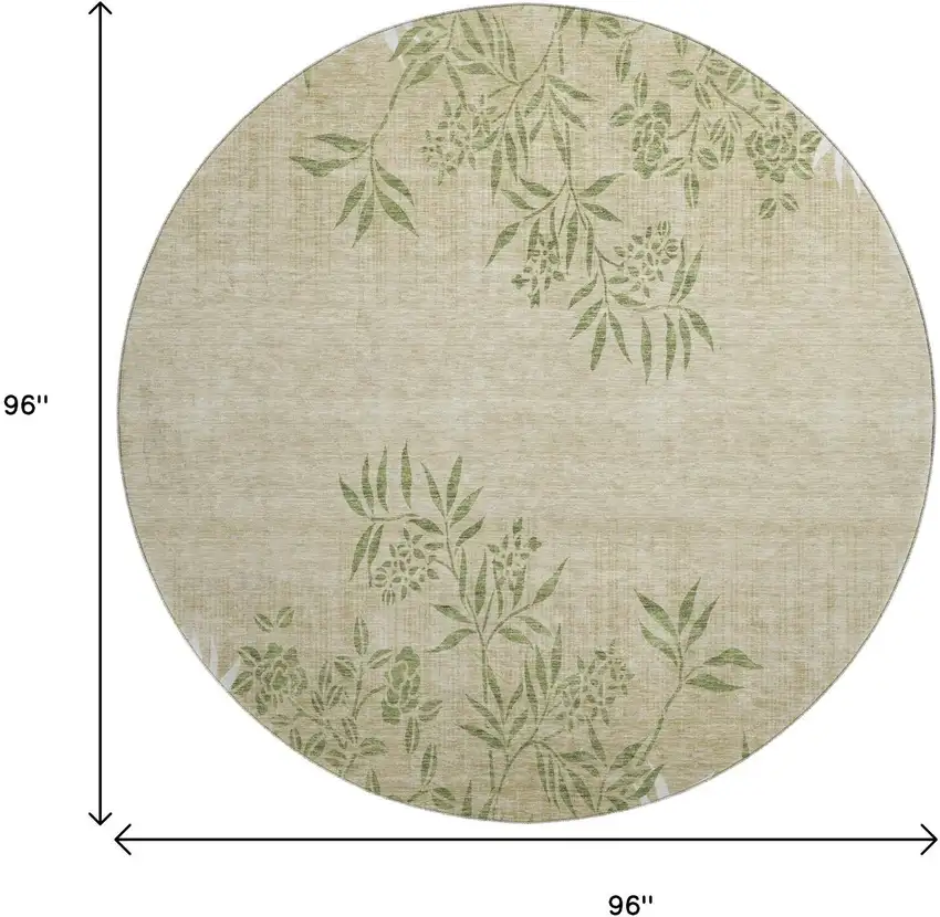 8' Khaki Green And Ivory Floral Washable Round Rug With UV Protection Photo 6
