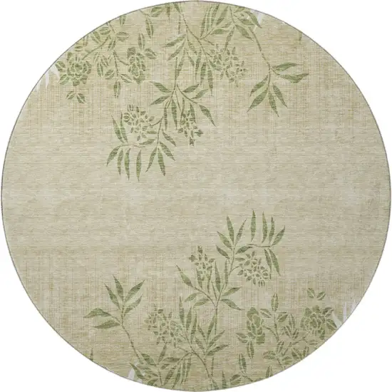 8' Khaki Green And Ivory Floral Washable Round Rug With UV Protection Photo 4