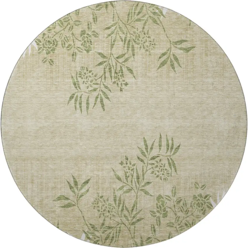 8' Khaki Green And Ivory Floral Washable Round Rug With UV Protection Photo 4