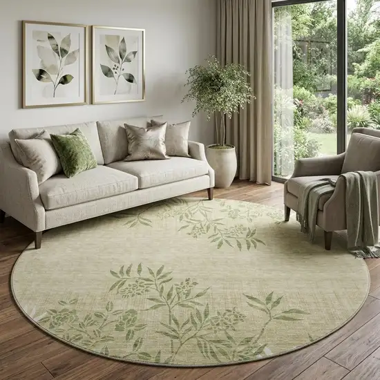 8' Khaki Green And Ivory Floral Washable Round Rug With UV Protection Photo 1