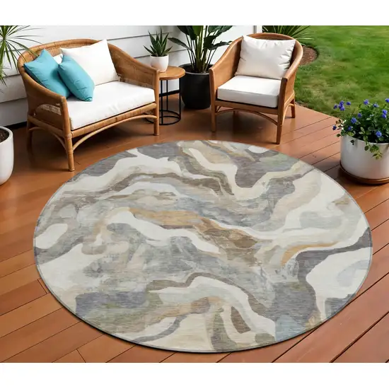 8' Khaki Ivory And Beige Round Abstract Washable Indoor Outdoor Area Rug Photo 2