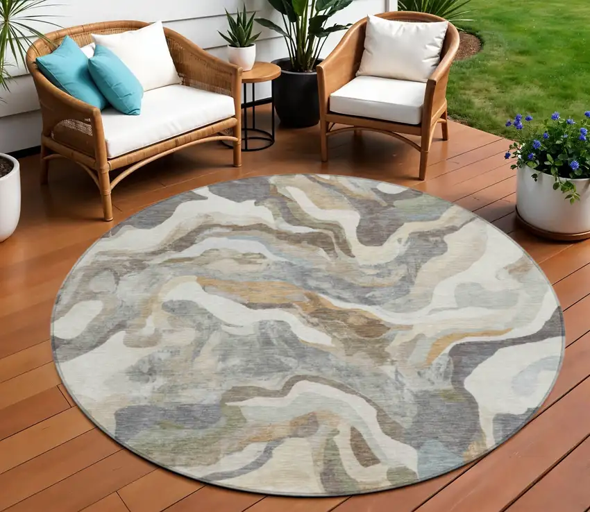 8' Khaki Ivory And Beige Round Abstract Washable Indoor Outdoor Area Rug Photo 2