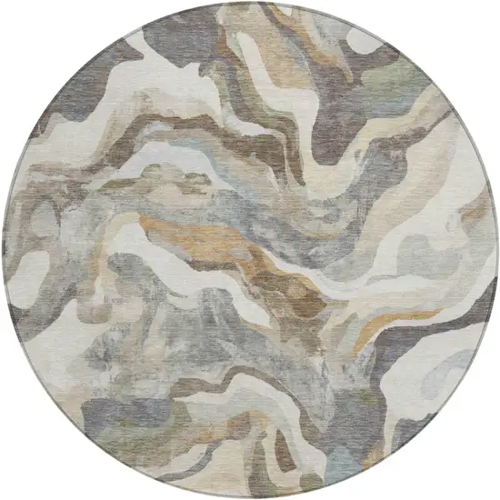 8' Khaki Ivory And Beige Round Abstract Washable Indoor Outdoor Area Rug Photo 1