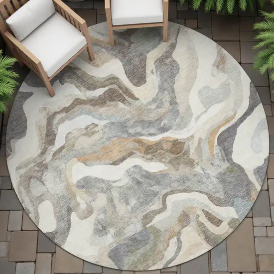 8' Khaki Ivory And Beige Round Abstract Washable Indoor Outdoor Area Rug Photo 9