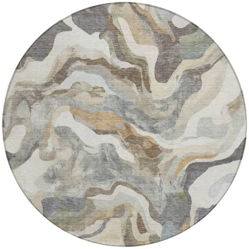 8' Khaki Ivory And Beige Round Abstract Washable Indoor Outdoor Area Rug Photo 4