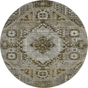 Photo of 8' Khaki Ivory And Brown Diamond Washable Round Rug With UV Protection
