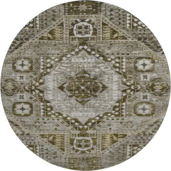 8' Khaki Ivory And Brown Diamond Washable Round Rug With UV Protection Photo 1