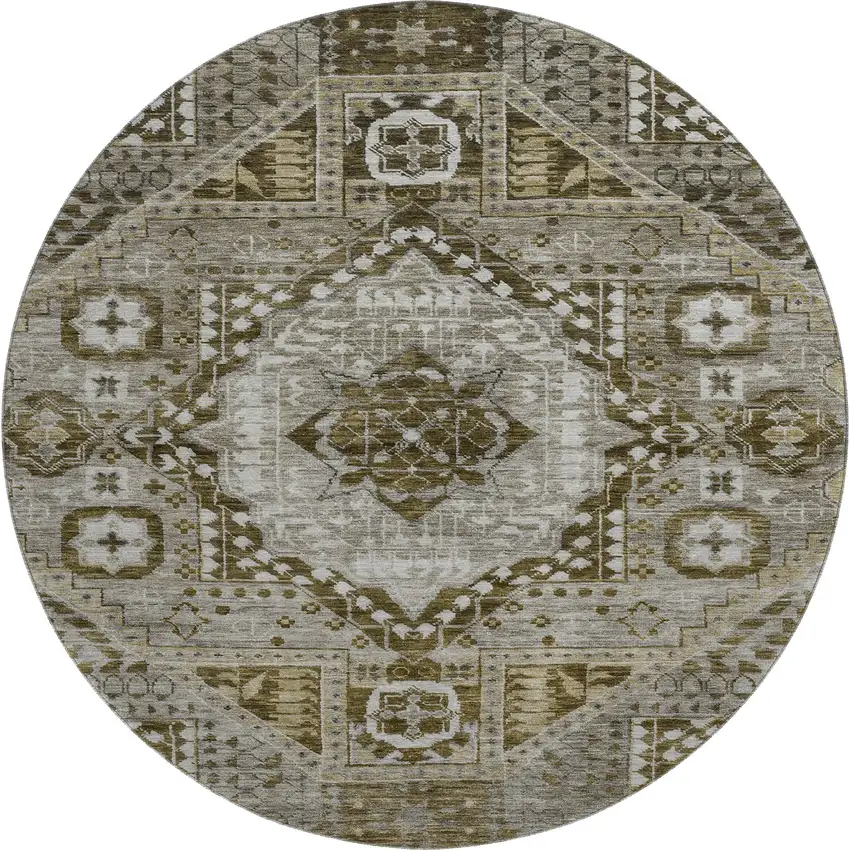8' Khaki Ivory And Brown Diamond Washable Round Rug With UV Protection Photo 1