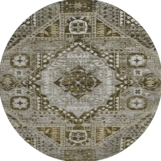8' Khaki Ivory And Brown Diamond Washable Round Rug With UV Protection Photo 4