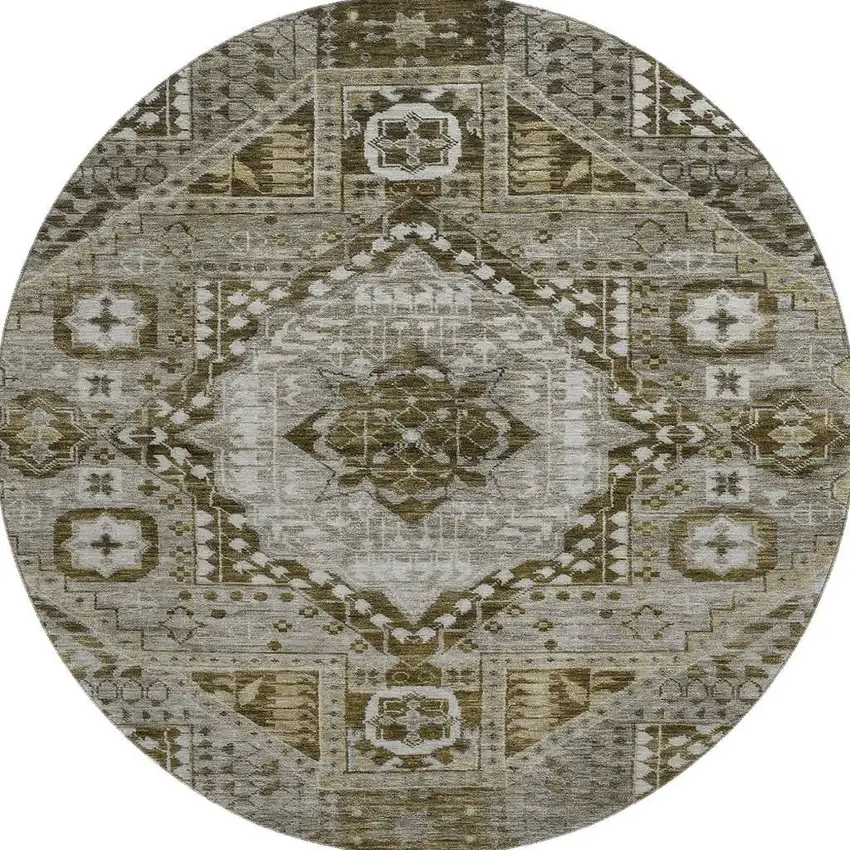 8' Khaki Ivory And Brown Diamond Washable Round Rug With UV Protection Photo 4