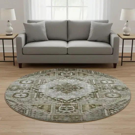 8' Khaki Ivory And Brown Diamond Washable Round Rug With UV Protection Photo 2