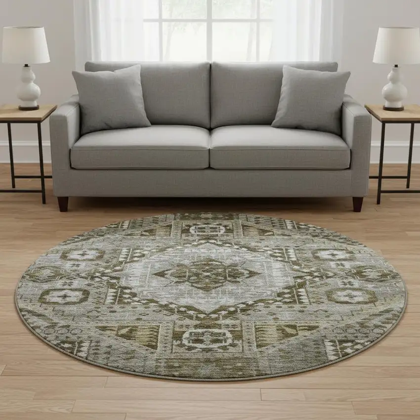 8' Khaki Ivory And Brown Diamond Washable Round Rug With UV Protection Photo 2