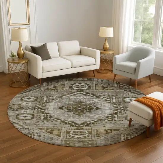 8' Khaki Ivory And Brown Diamond Washable Round Rug With UV Protection Photo 5