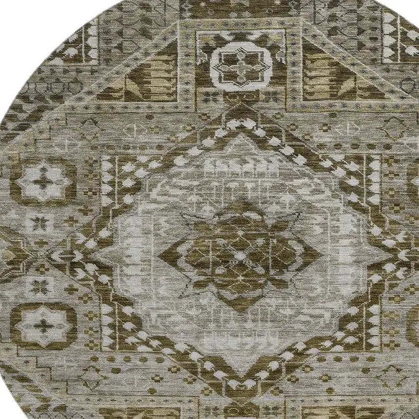 8' Khaki Ivory And Brown Diamond Washable Round Rug With UV Protection Photo 3