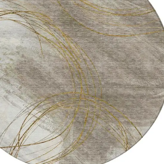 8' Khaki Ivory And Brown Round Abstract Washable Indoor Outdoor Area Rug Photo 2