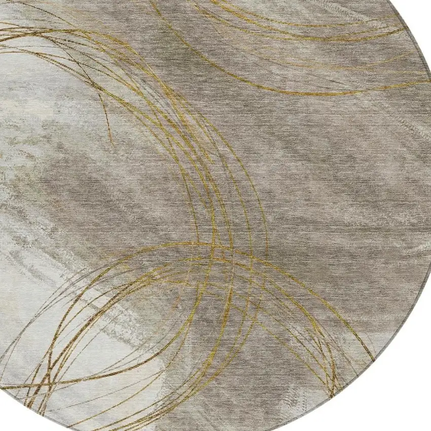 8' Khaki Ivory And Brown Round Abstract Washable Indoor Outdoor Area Rug Photo 2