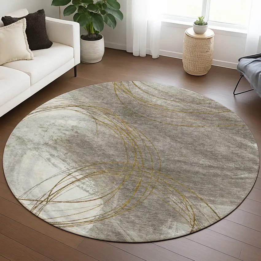 8' Khaki Ivory And Brown Round Abstract Washable Indoor Outdoor Area Rug Photo 5