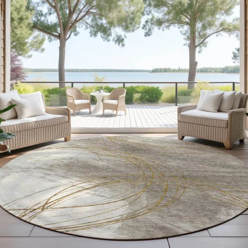 8' Khaki Ivory And Brown Round Abstract Washable Indoor Outdoor Area Rug Photo 4
