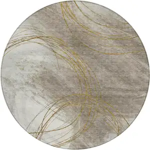 Photo of 8' Khaki Ivory And Brown Round Abstract Washable Indoor Outdoor Area Rug
