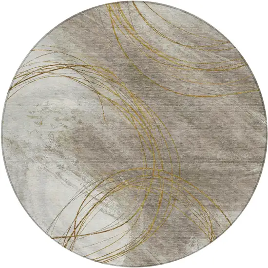 8' Khaki Ivory And Brown Round Abstract Washable Indoor Outdoor Area Rug Photo 1