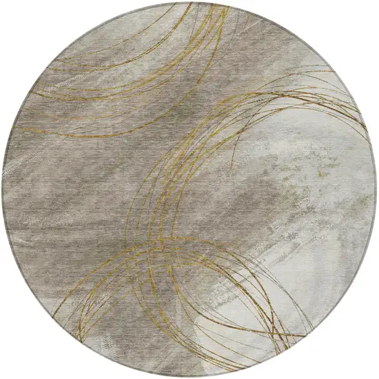 8' Khaki Ivory And Brown Round Abstract Washable Indoor Outdoor Area Rug Photo 3