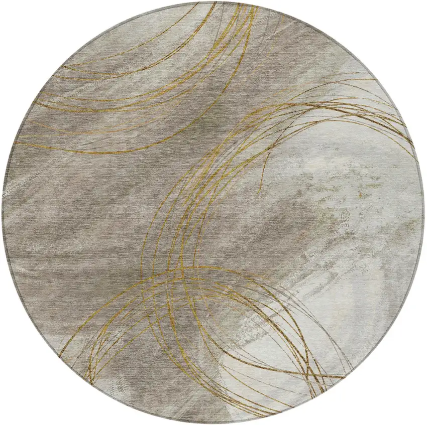 8' Khaki Ivory And Brown Round Abstract Washable Indoor Outdoor Area Rug Photo 3
