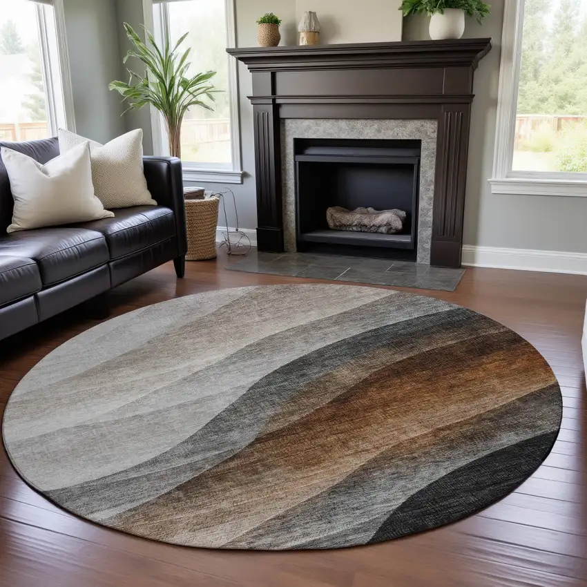 8' Khaki Ivory And Gray Abstract Washable Round Rug With UV Protection Photo 4