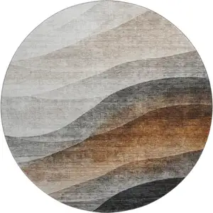Photo of 8' Khaki Ivory And Gray Abstract Washable Round Rug With UV Protection