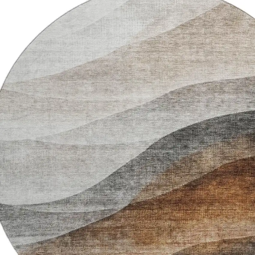 8' Khaki Ivory And Gray Abstract Washable Round Rug With UV Protection Photo 2