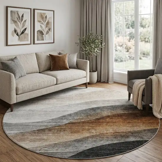 8' Khaki Ivory And Gray Abstract Washable Round Rug With UV Protection Photo 1