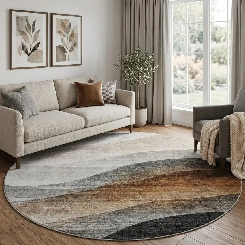8' Khaki Ivory And Gray Abstract Washable Round Rug With UV Protection Photo 1