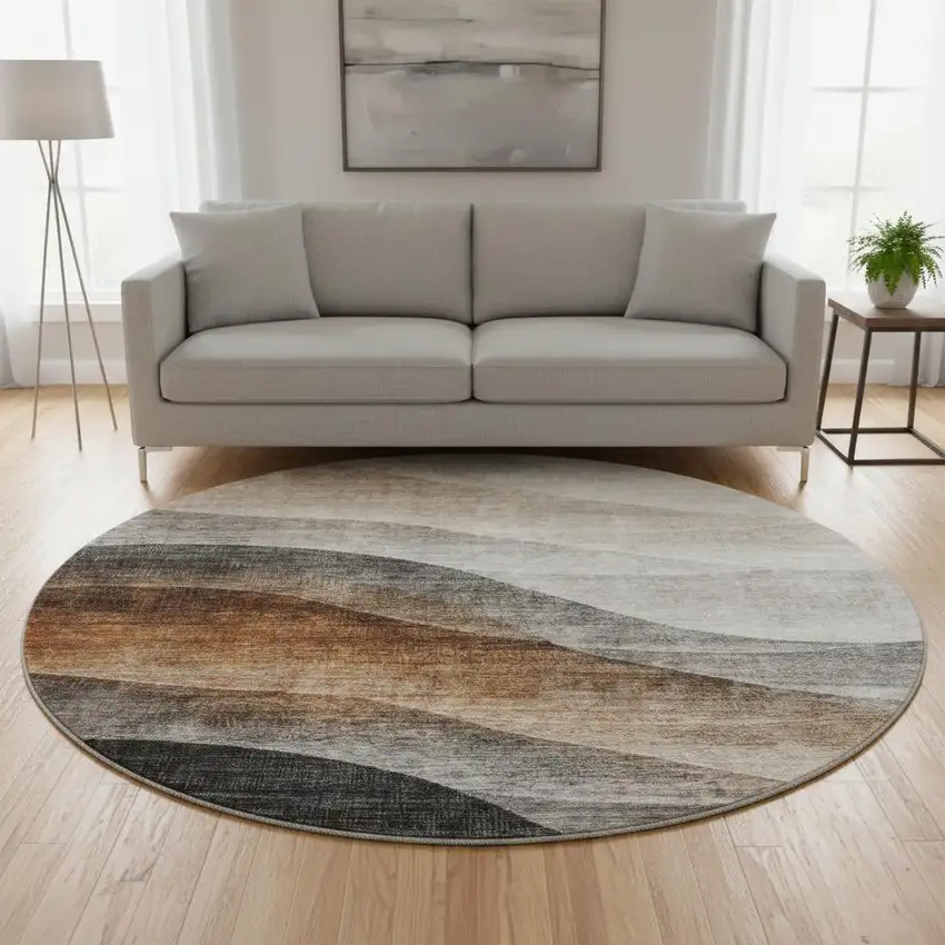 8' Khaki Ivory And Gray Abstract Washable Round Rug With UV Protection Photo 2