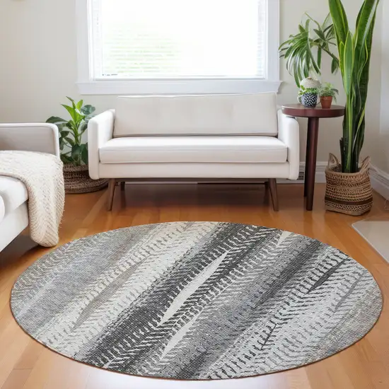8' Khaki Ivory And Gray Round Botanical Leaves Washable Indoor Outdoor Area Rug Photo 7