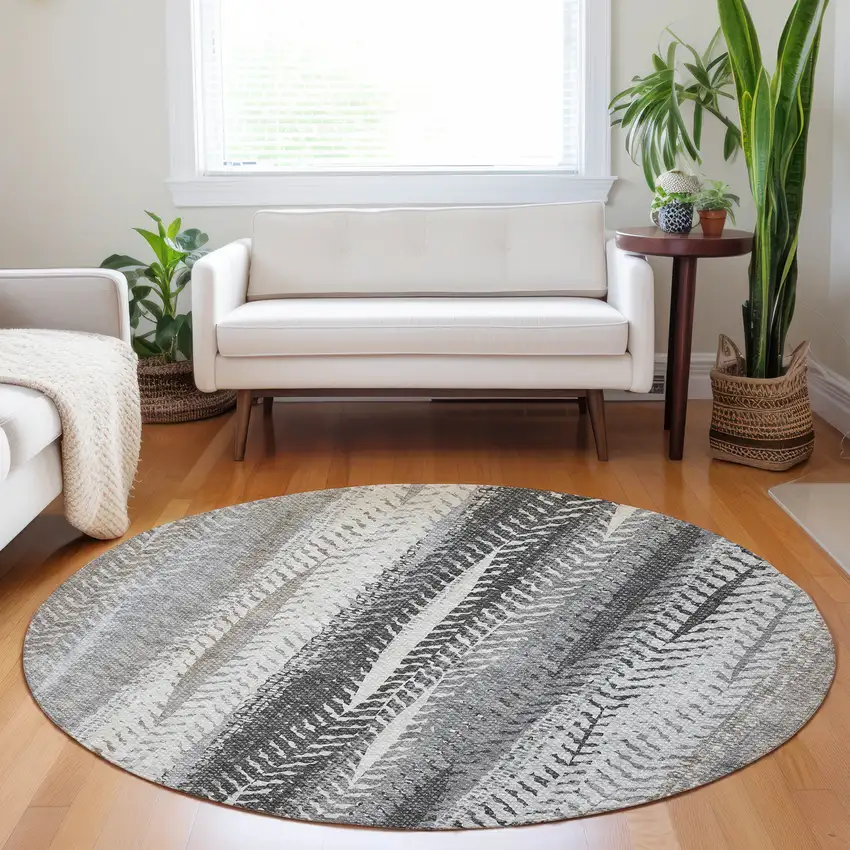 8' Khaki Ivory And Gray Round Botanical Leaves Washable Indoor Outdoor Area Rug Photo 7