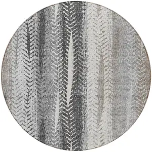 Photo of 8' Khaki Ivory And Gray Round Botanical Leaves Washable Indoor Outdoor Area Rug
